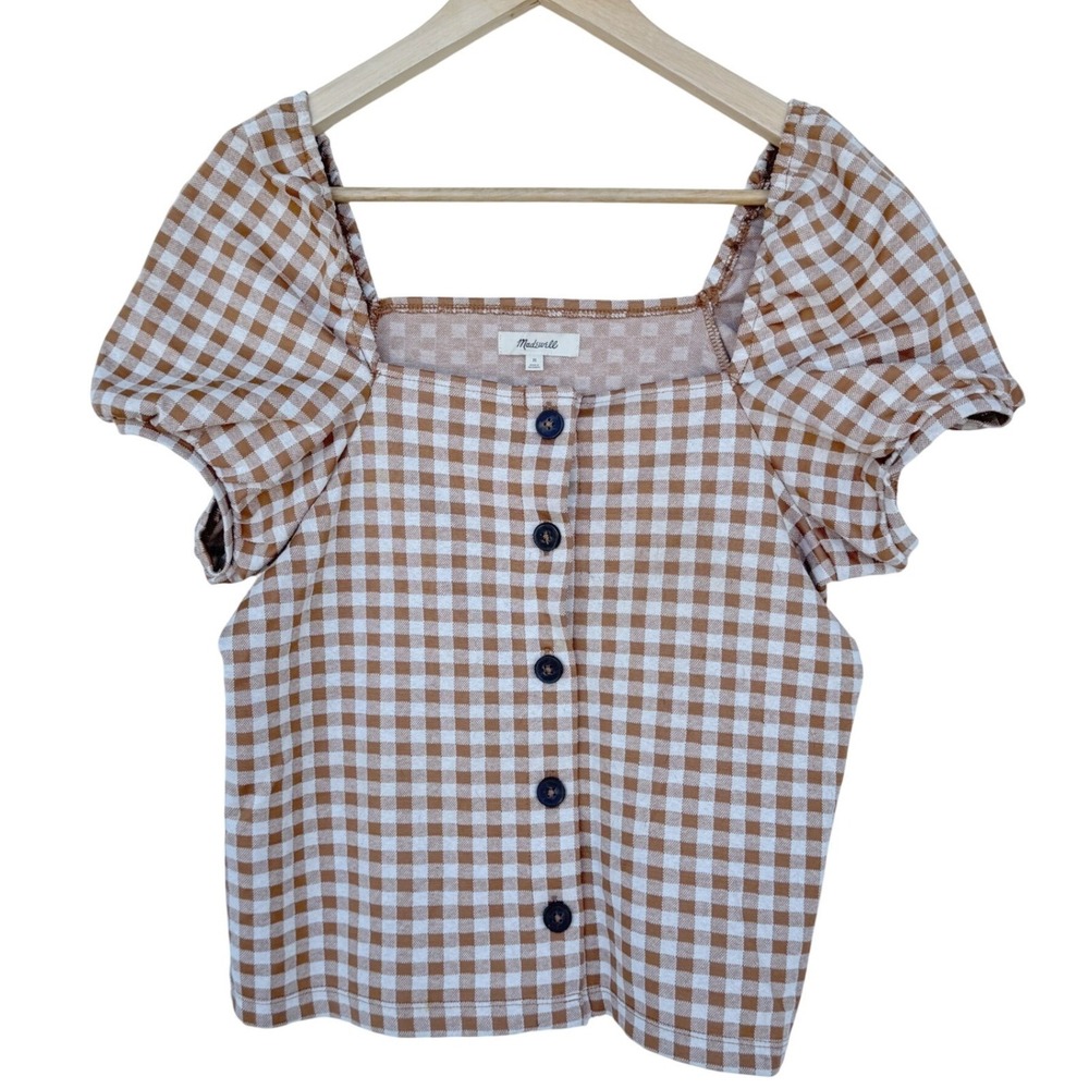Madewell Tan and White Checkered Blouse